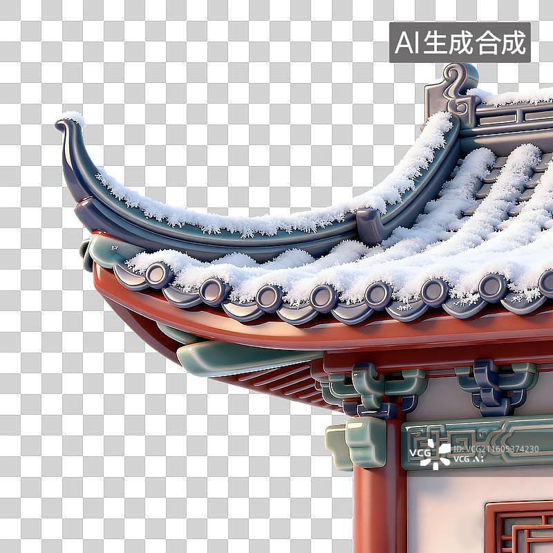 【AI数字艺术】3D立体积雪覆盖飞檐古建冬韵插画免抠元素图片素材