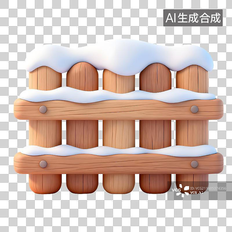 【AI数字艺术】3D立体积雪覆盖木栏质朴冬景插画免抠元素图片素材