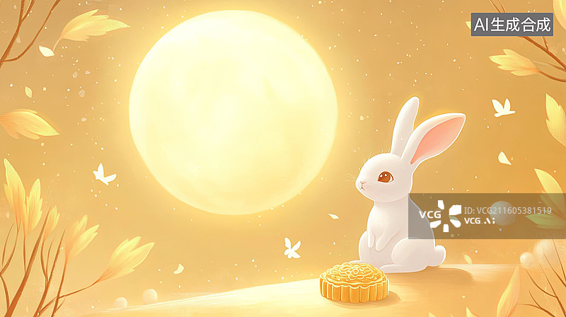 【AI数字艺术】月兔静坐赏明月图片素材
