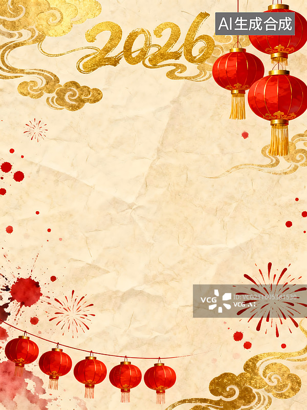 【AI数字艺术】中国风节日喜庆纸质背景：红色灯笼与金色祥云图片素材