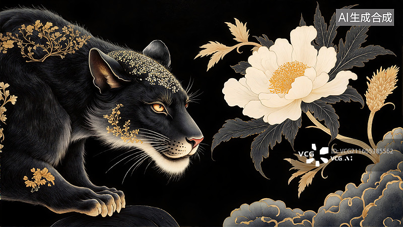 【AI数字艺术】黑豹与牡丹图片素材