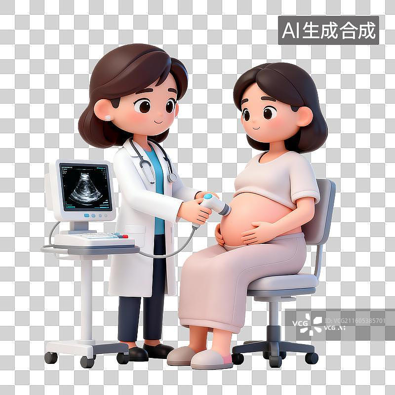 【AI数字艺术】3D立体卡通医生给孕妇做产检医疗主题人物免抠元素图片素材