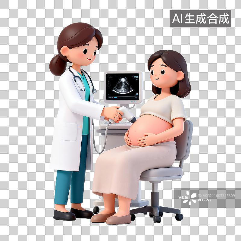 【AI数字艺术】3D立体卡通医生给孕妇做产检医疗主题人物免抠元素图片素材