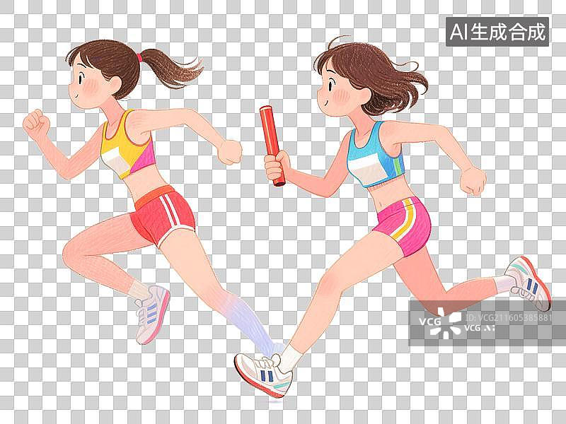 【AI数字艺术】手绘彩铅插画年轻女孩参加运动会身穿运动服参加接力赛跑步元素图片素材