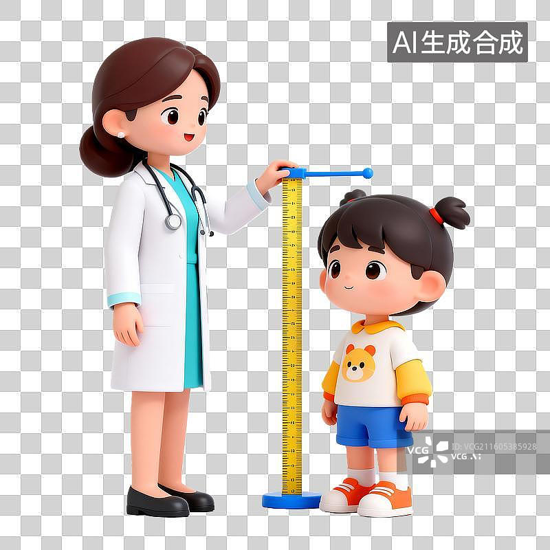 【AI数字艺术】3D立体卡通医生给儿童量身高医疗主题人物免抠元素图片素材