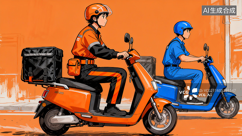 【AI数字艺术】身穿橘色衣服和蓝色衣服的外卖员图片素材