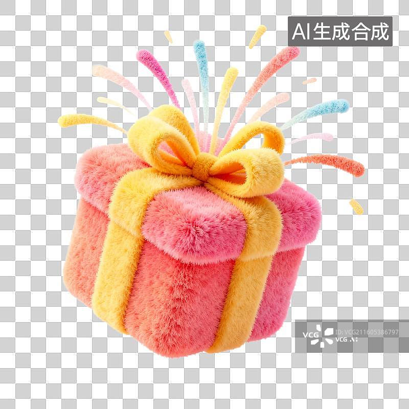 【AI数字艺术】毛绒粉色礼物盒带黄色蝴蝶结和彩色装饰图片素材