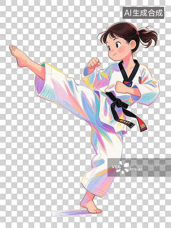 【AI数字艺术】手绘彩铅插画年轻女孩参加运动会空手道，跆拳道，格斗项目元素图片素材