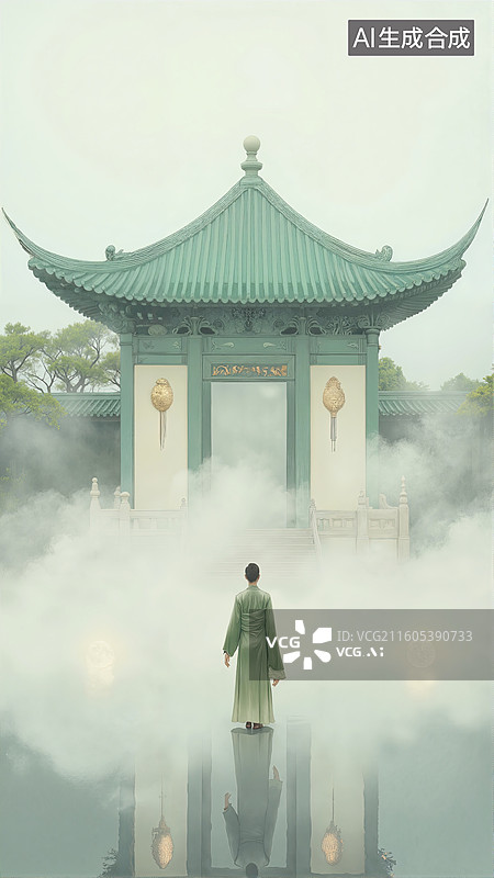 【AI数字艺术】云雾古亭行者图片素材
