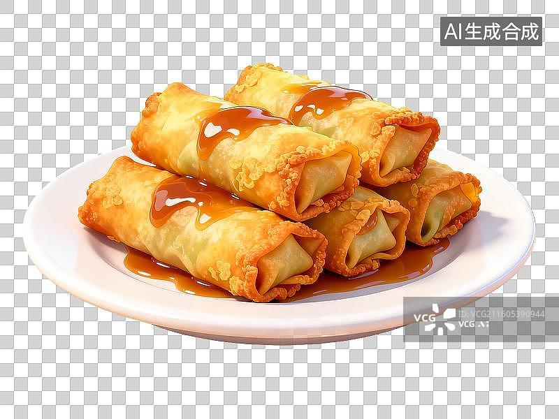 【AI数字艺术】金黄春卷配酱汁图片素材