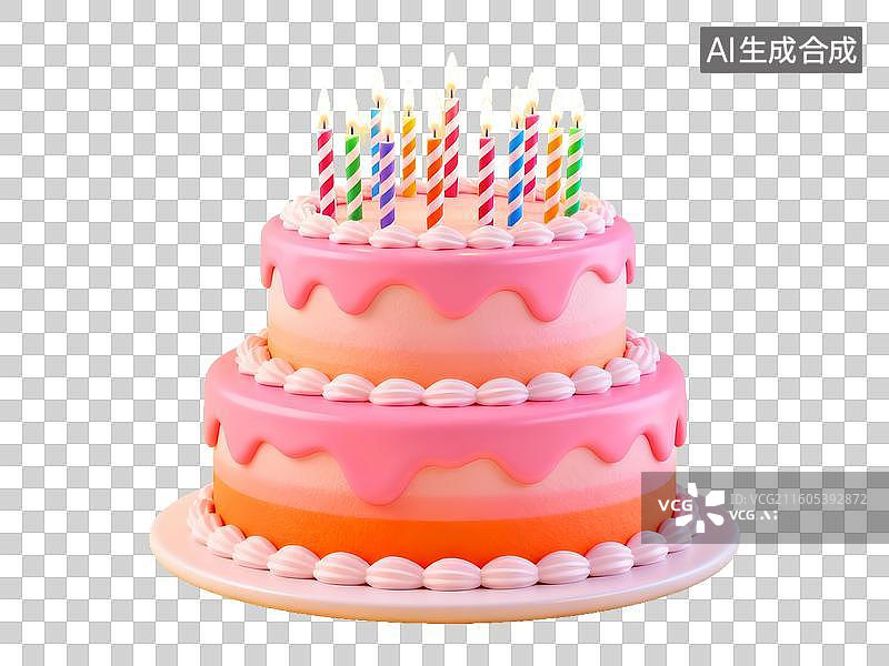 【AI数字艺术】3D 生日主题双层蛋糕彩色蜡烛免抠设计素材图片素材