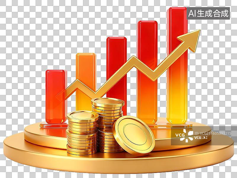 【AI数字艺术】3D金色展台上的红色柱状图和金色箭头，一堆金币在展台上元素图片素材