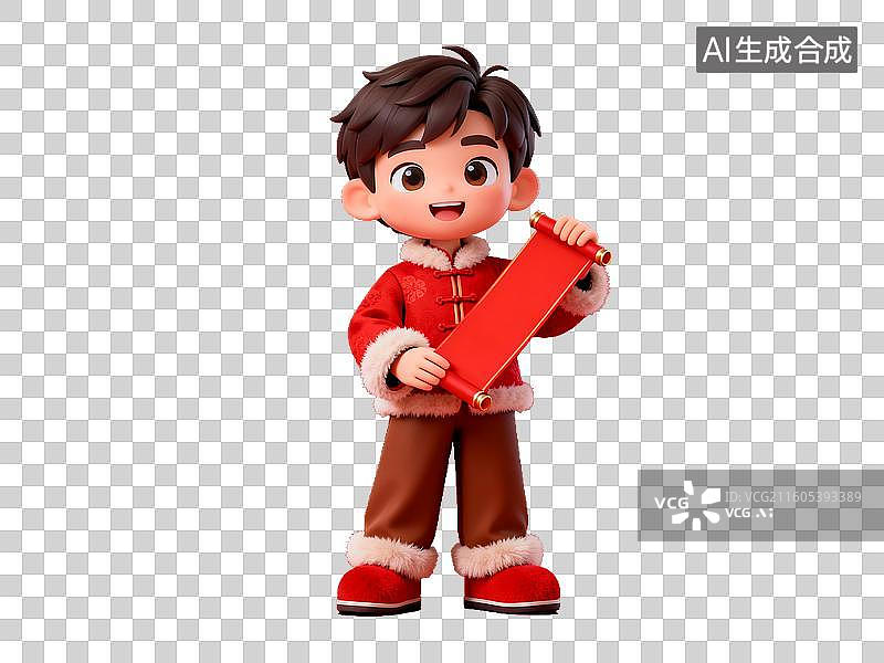 【AI数字艺术】中国节日 年俗 卡通男孩手持红色卷轴图片素材