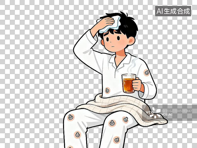 【AI数字艺术】生病男孩敷毛巾喝热饮图片素材