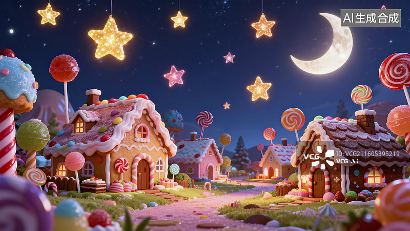 【AI数字艺术】梦幻糖果屋的奇妙夜景图片素材