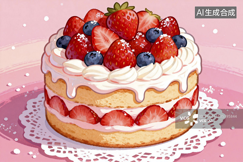 【AI数字艺术】多层新鲜水果装饰的美味蛋糕图片素材