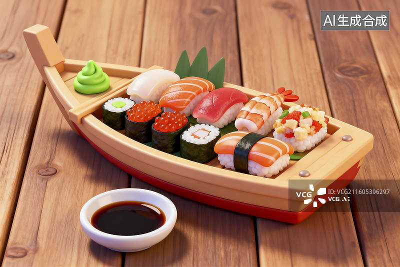【AI数字艺术】木制船形容器中的什锦寿司图片素材
