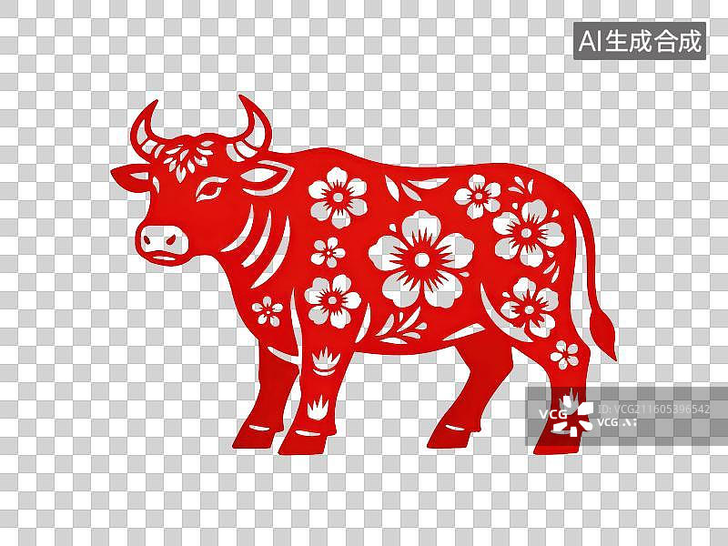 【AI数字艺术】红色剪纸牛图案图片素材