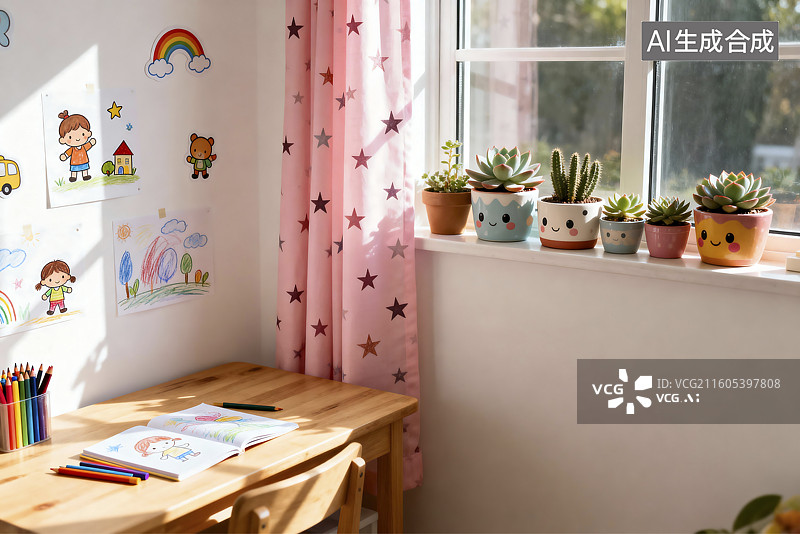 【AI数字艺术】充满绿植的温馨儿童学习室图片素材