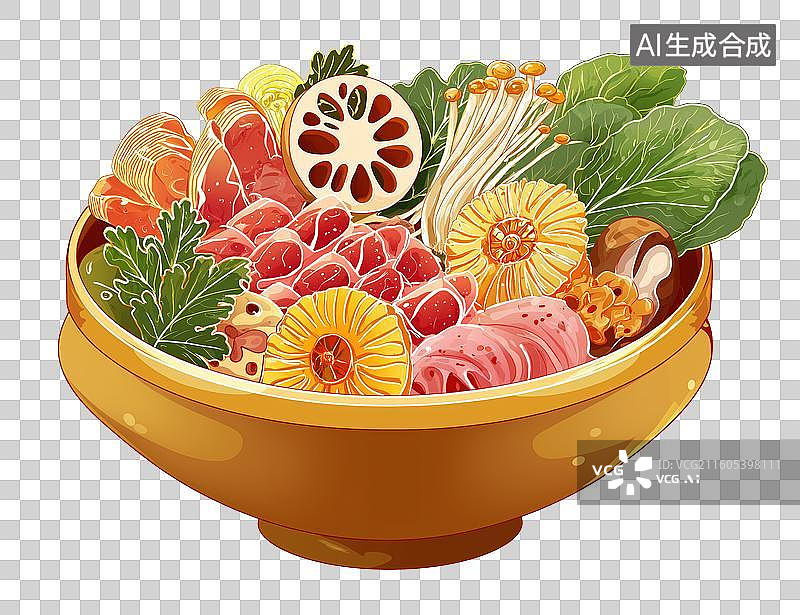 【AI数字艺术】一碗丰盛的蔬菜肉类拼盘火锅图片素材