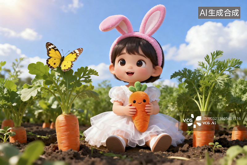 【AI数字艺术】田野中戴兔耳的可爱娃娃图片素材