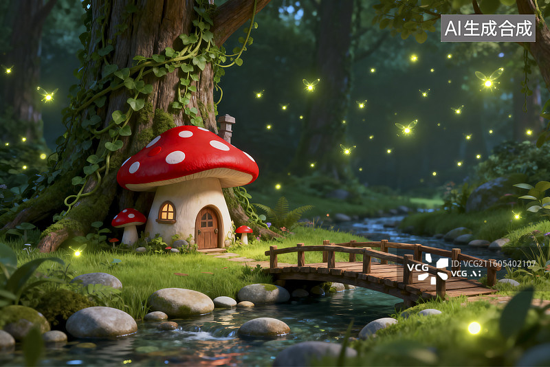 【AI数字艺术】森林中梦幻蘑菇小屋图片素材