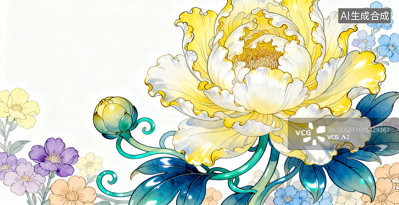 【AI数字艺术】盛开的黄白牡丹花卉图图片素材