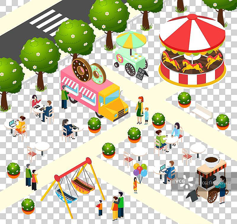 街头食品卡车等距构图海报图片素材