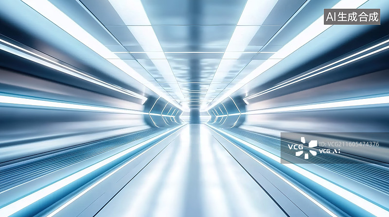 【AI数字艺术】科技风金属光泽蓝色隧道建筑空间图片素材