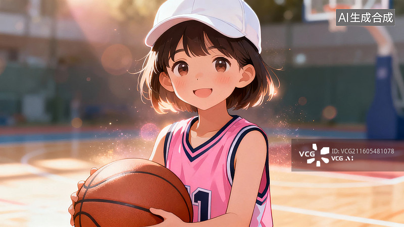 【AI数字艺术】女孩持篮球在球场微笑图片素材