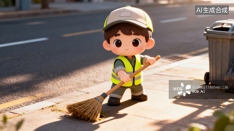 【AI数字艺术】卡通男孩清扫街道图片素材