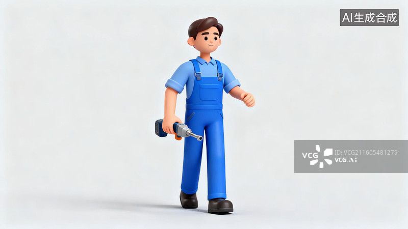 【AI数字艺术】穿蓝色工装的工人手持工具图片素材