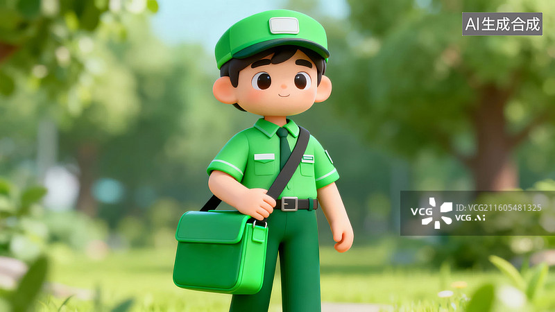 【AI数字艺术】绿衣卡通人物户外站立图片素材