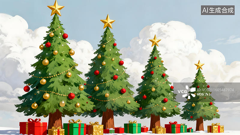 【AI数字艺术】四棵装饰圣诞树与礼物图片素材