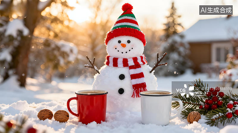 【AI数字艺术】雪人与热饮的冬日场景图片素材