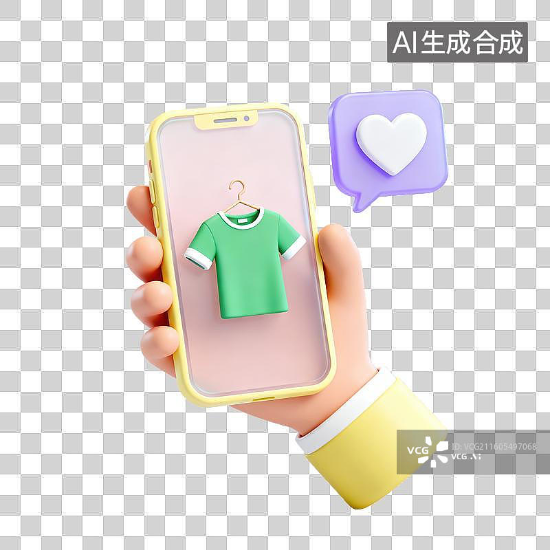 【AI数字艺术】3D磨砂玻璃材质手势手拿手机选购网上商店的服饰元素图片素材