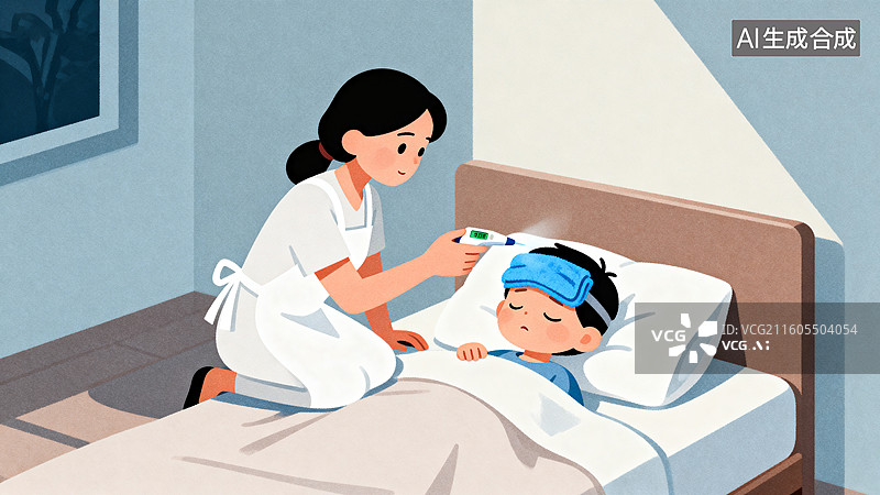 【AI数字艺术】儿童生病看病插画图片素材