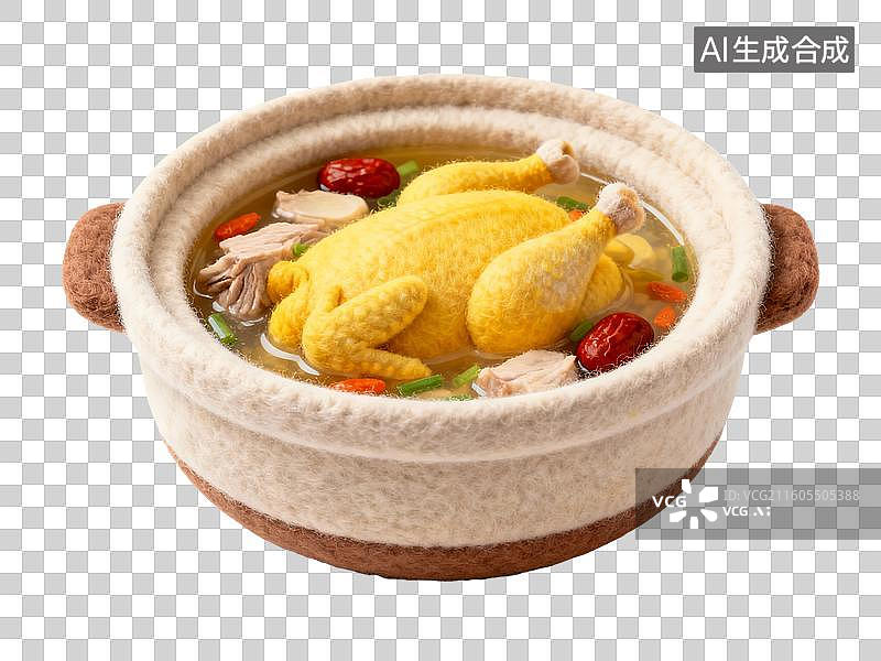 【AI数字艺术】3D卡通毛毡中式菜肴美食鸡汤图片素材