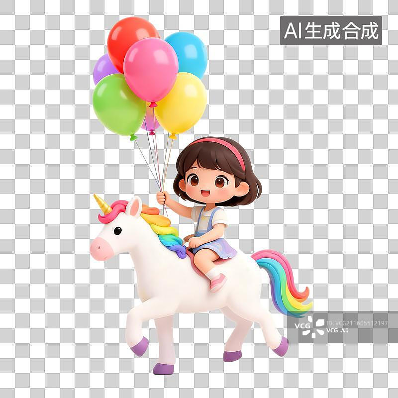 【AI数字艺术】可爱女孩骑独角兽手持彩球图片素材