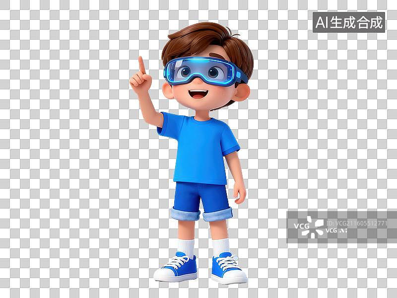 【AI数字艺术】戴护目镜的男孩指向天空图片素材