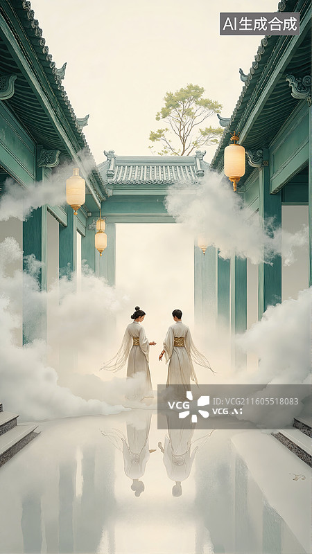 【AI数字艺术】古风廊桥云影行图片素材