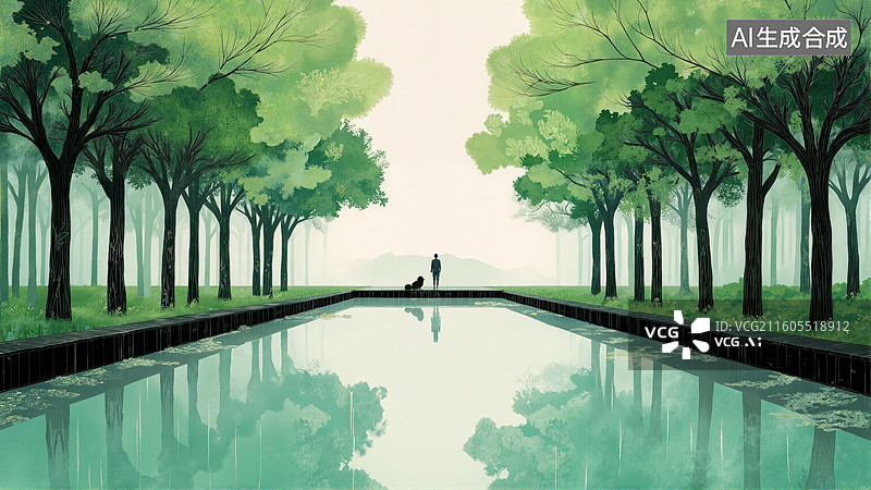 【AI数字艺术】林间水道静谧行图片素材