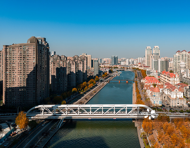 中国天津海河进步桥秋季风景航拍图图片素材