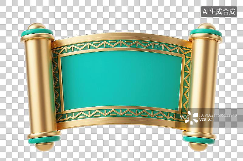 【AI数字艺术】3D三维立体浮雕中国风卷轴青绿庆典金色装饰边框标题框内容框元素图片素材