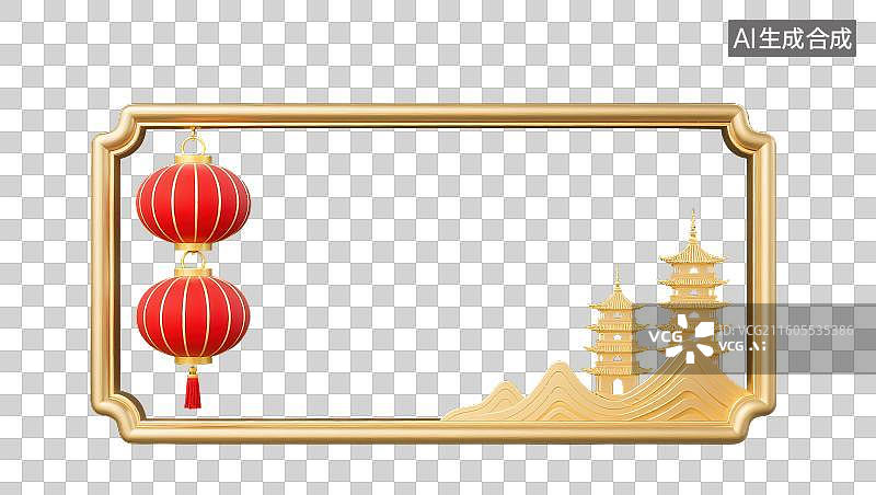 【AI数字艺术】3D三维中国风窗格形宝塔建筑祥云蓝绿色金边边框庆典装饰标题框内容框元素图片素材