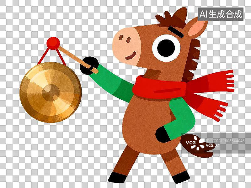 【AI数字艺术】2d卡通马年拟人小马手拿锣鼓元素图片素材