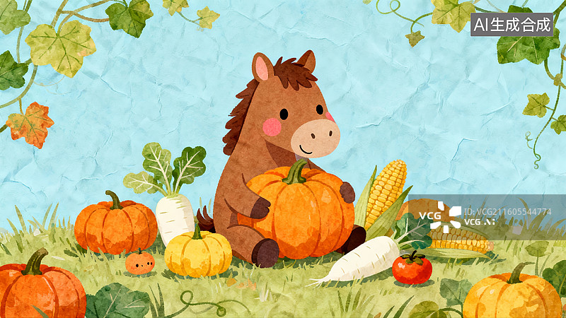 【AI数字艺术】卡通小马秋分丰收文创素材图片素材