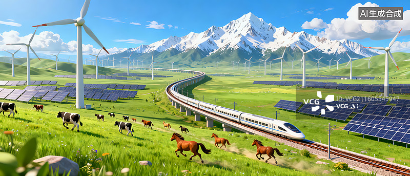 【AI数字艺术】绿能科技智慧交通草原风光营销素材图片素材