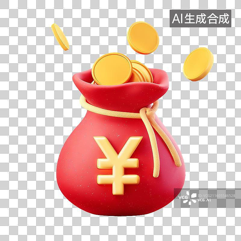 【AI数字艺术】3D膨胀风圆润卡通红色钱袋钱包福袋金币金钱人民币符号免抠元素透明底PNG图片素材
