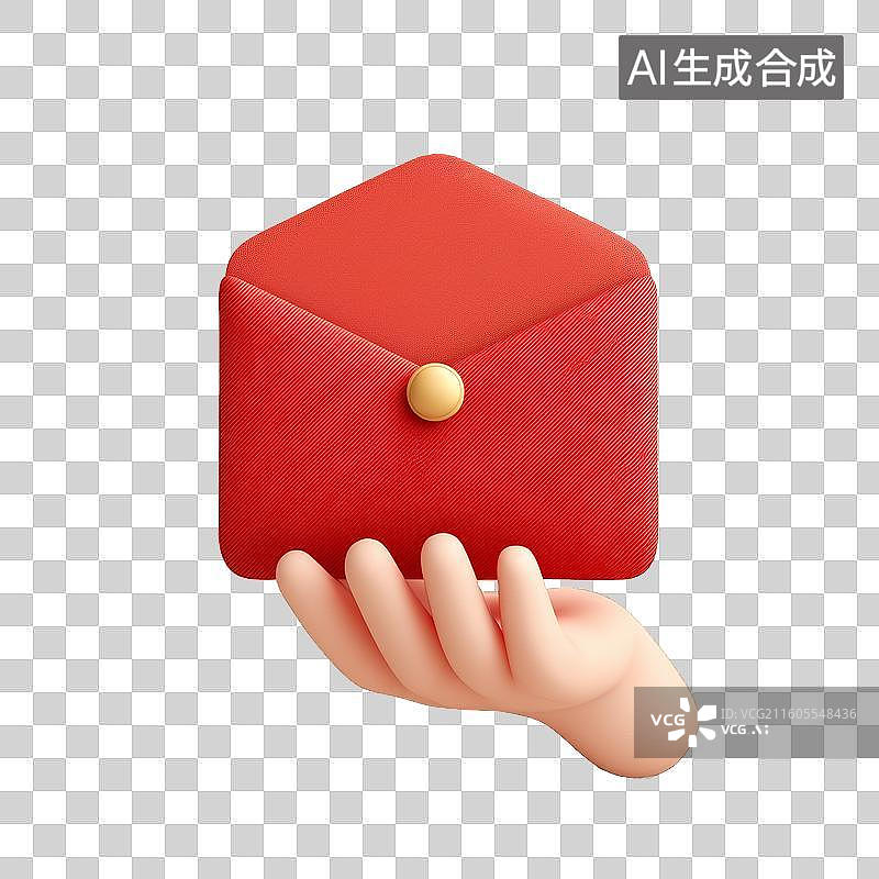 【AI数字艺术】3D膨胀风毛毡风格手拿红包红色信封邮件图标免抠元素透明底PNG图片素材
